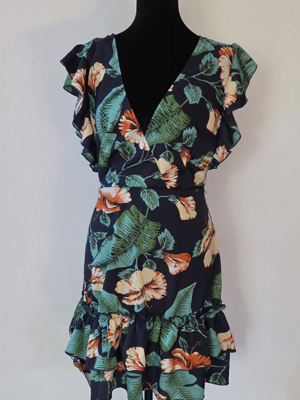 Navy Floral Ruffle Wrap Dress - Women's Summer Dress